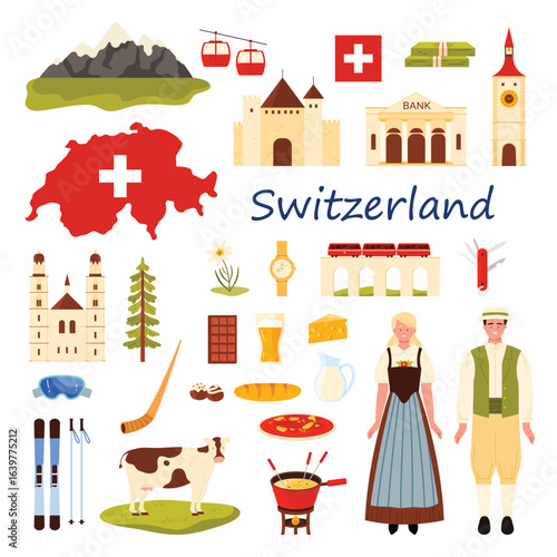 Travel to Switzerland set. Swiss people in national dress, heritage architecture and culture elements, red train on viaduct and mountain scenery, alphorn and cheese dip cartoon vector illustration