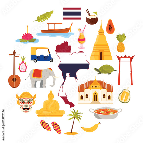 Travel to Thailand, culture elements and landmarks in round infographic banner. Traditional boat and loy krathong objects, food and Giant Swing, Big Buddha in circle cartoon vector illustration