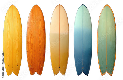 Five vintage-style surfboards in a row, showcasing a color gradient