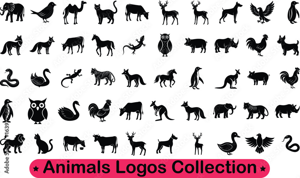 Naklejka premium Stylish Animal Silhouettes Collection | Wildlife Vector Icons Set . animals silhouettes vector. Animals logos collection. Animal logo set. Isolated on White background