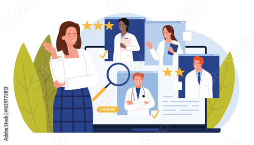 Choose doctor online, mobile app for patient to search healthcare specialist for medical consultation. Girl with magnifying glass choosing physician avatar in hospital team cartoon vector illustration