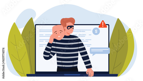Hacker attack, online fraud and internet phishing, personal account and data protection. Man thief on laptop screen, scammer holding disguise positive mask to hide crime cartoon vector illustration