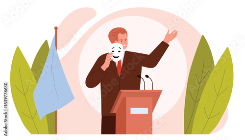 Dishonesty and hypocrisy, hiding politicians true motives, fraud. Dishonest leader speaking from podium, man holding positive mask to hide evil face and influence audience cartoon vector illustration