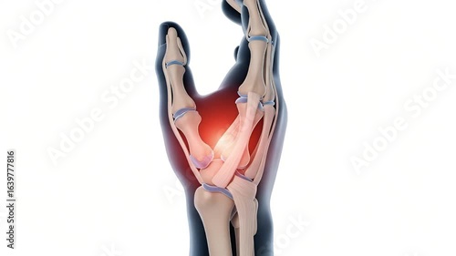 Human Hand Pain: 3D Medical Illustration of Skeletal Anatomy with Highlighted Wrist and Thumb Joint Discomfort