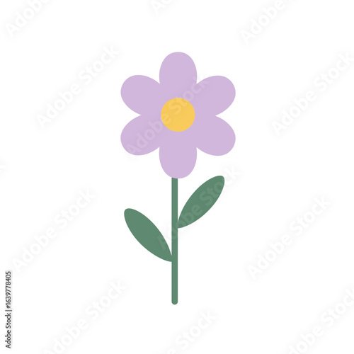 Simple cartoon purple flower with six petals, a yellow center, and green stem. Minimalist floral vector graphic isolated on a white background.