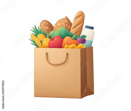 A brown paper grocery bag filled with various colorful fruits, vegetables, and breads.  A carton of milk and other produce are visible inside