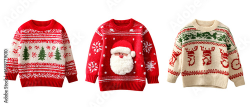 Set of three Christmas ugly sweaters transparent background, cutout
