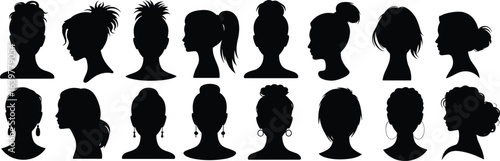 Female hairstyle silhouette vector set, woman profile collection, ponytail, bun, short hair, fashion clipart, beauty graphic, isolated