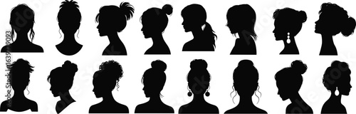 Women hairstyle silhouette vector set, female profile collection, diverse hair styles, fashion design, beauty clipart, black graphic, isolated
