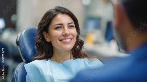 A cheerful patient smiles confidently while sitting in a dental chair, showcasing a positive experience during a dental check-up appointment.