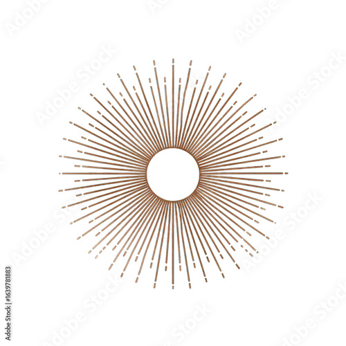 Circular, radiating design;  brown, light-tan, and multi-colored lines extending from a dark center