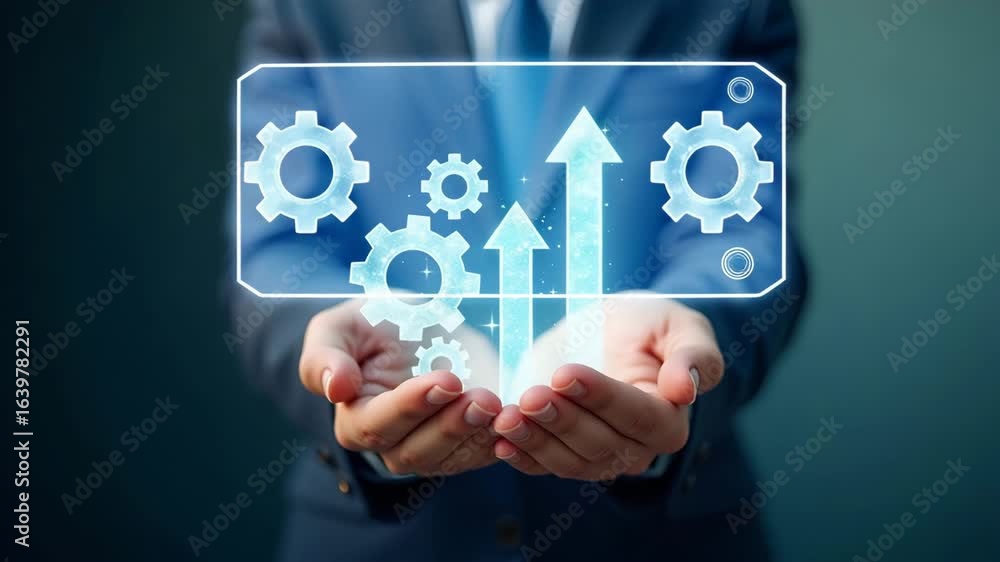 Flat Hand Holding Holographic Gears and Upward Arrows: A Simple Vector Illustration Symbolizing Process Improvement and Productivity Growth in Business Flat Hand Holding Holographic Gears and Upward Arrows: A Simple Vector Illustration Symbolizing Process Improvement and Productivity Growth in Business
