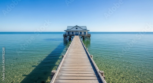 Tranquil Stilt House at the End of a Pier Over Crystalline Aqua Waters