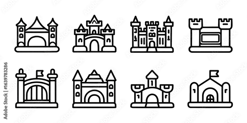 Fototapeta premium Simple black and white outline drawings of stylized castles