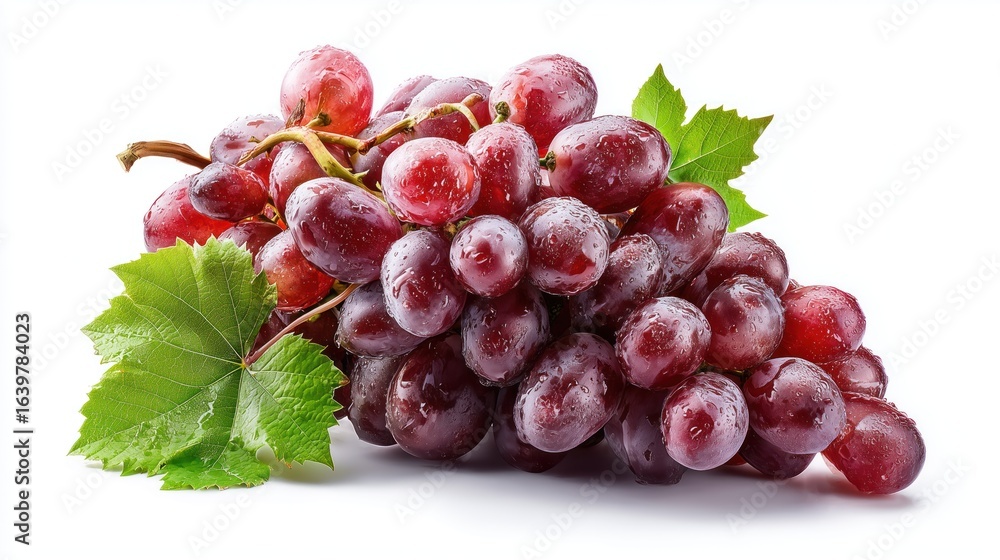 Obraz premium Bunch of Fresh Red Grapes with Green Leaves on White Background