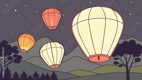 Sky lantern festival illustration with night scene and landscape background vector graphic design art