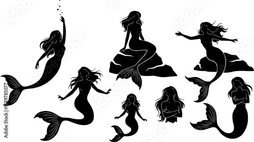 black silhouette of a group of mermaids with long flowing hair and fish tails, each in a different pose, on a white background, vector art style