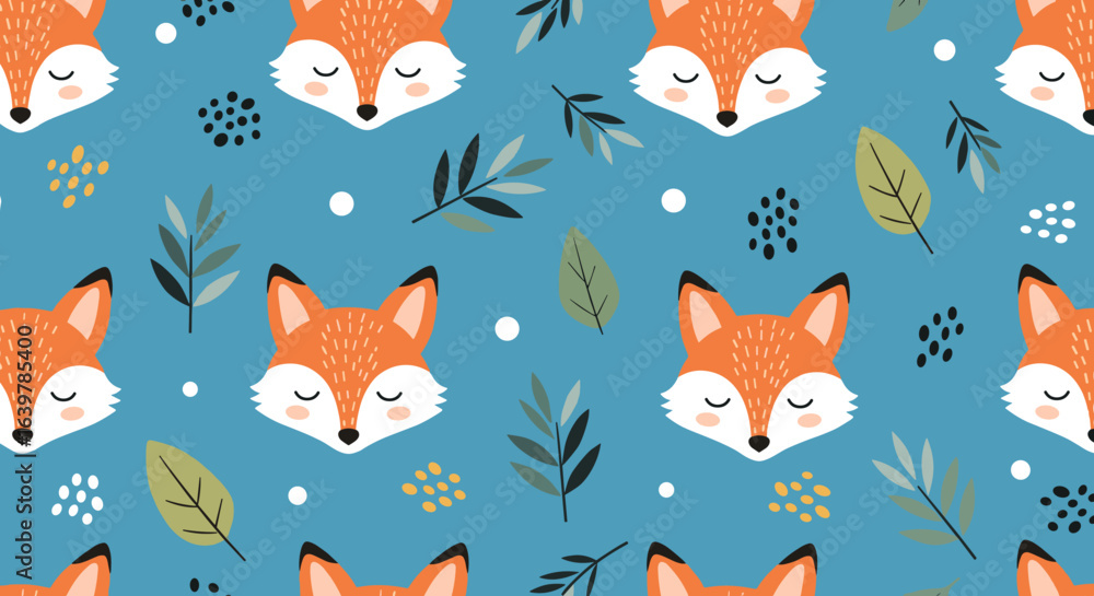 Fototapeta premium Charming woodland creatures and botanical elements on a blue background