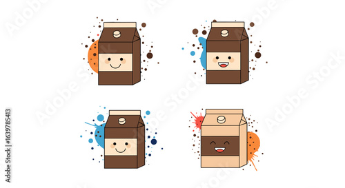 Cute cartoon chocolate milk cartons with splashes of color and happy faces
