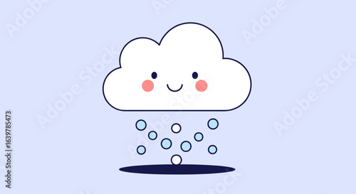 Cute cartoon cloud raining snowflakes on a light blue background with a shadow