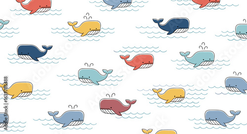 Cute whales spouting water underwater ocean waves seamless pattern design