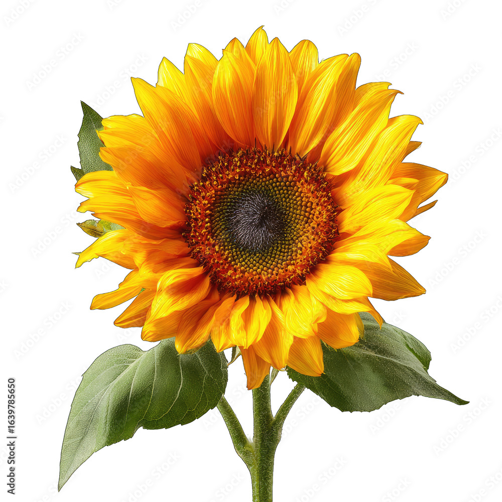 Obraz premium Close-up of a vibrant sunflower. Bright yellow petals surround a dark brown center. Dark green leaves emerge from the stem. Isolated against a black background