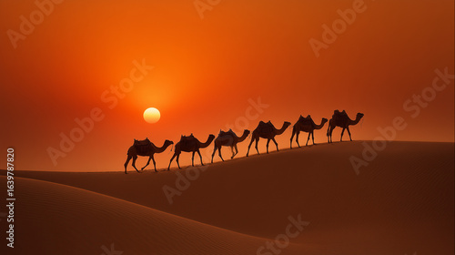 Silhouette of camels walking on sand dunes at sunset with orange sky in the desert landscape