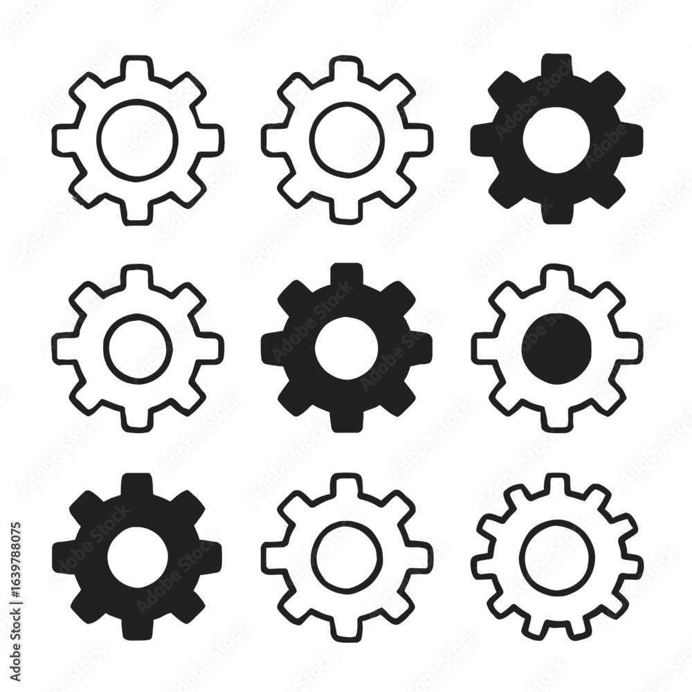 A collection of nine black and white gear icons in various styles. A collection of nine black and white gear icons in various styles.