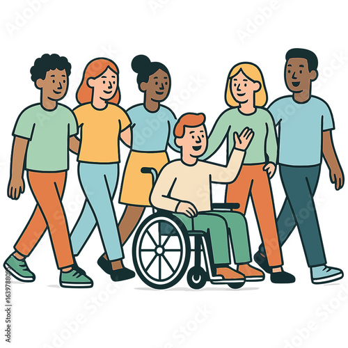 Diverse group of people walking together, including a person in a wheelchair, illustrating inclusion and community.
