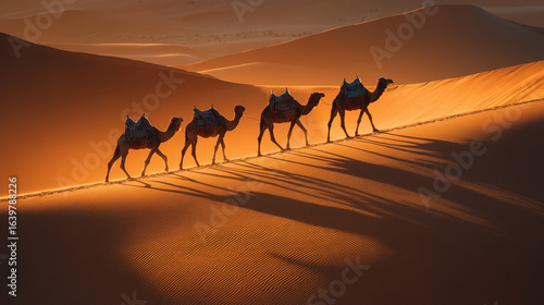 A caravan of camels walking across a desert dune during a warm sunset in the arid landscape