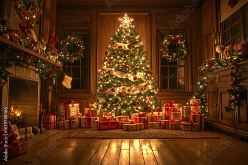 Wallpaper Mural Cozy vintage Christmas interior with lit tree and gifts at night Torontodigital.ca