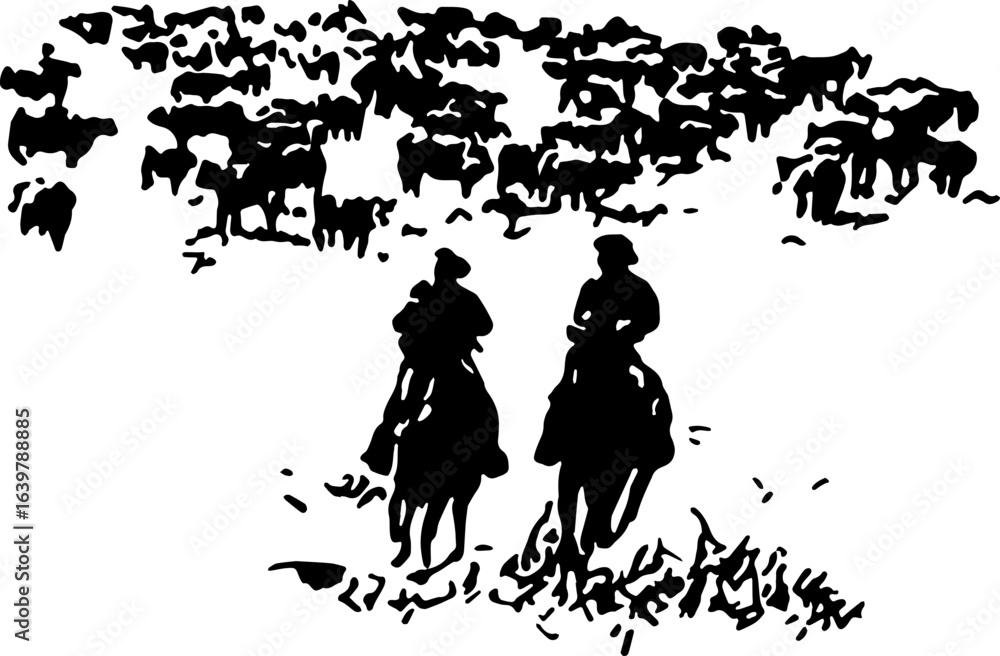 Fototapeta premium abstract design of American wild west desert with cowboys - hand drawn Black illustration. Ilustraciones del viejo oeste. PNG.JPG. VEKTOR