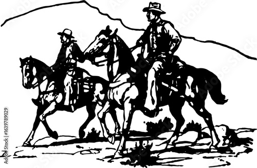 abstract design of American wild west desert with cowboys - hand drawn Black illustration. Ilustraciones del viejo oeste. PNG.JPG. VEKTOR