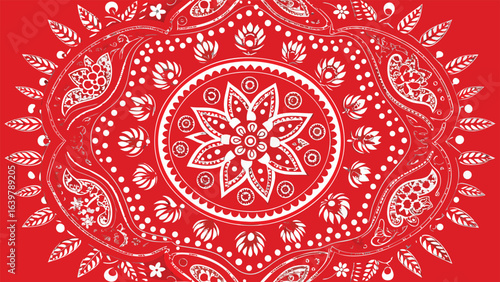 Red bandana with a white paisley design, seamlessly blending into a red background..eps