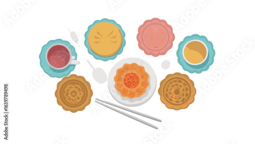 Celebrate mid autumn festival with mooncakes tea and chopsticks for traditional asian holiday treats and drinks