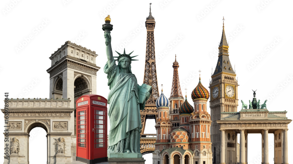 Obraz premium An architectural montage of world famous monuments and international landmarks creating a digital collage for global tourism and travel ideas.