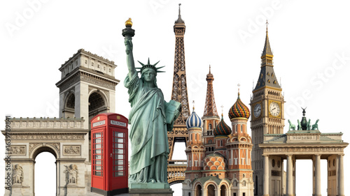 An architectural montage of world famous monuments and international landmarks creating a digital collage for global tourism and travel ideas.