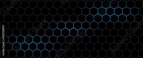 Dark hexagon abstract technology background with blue and green colored bright flashes under hexagon. Hexagonal gaming vector tech illustration black abstract background.