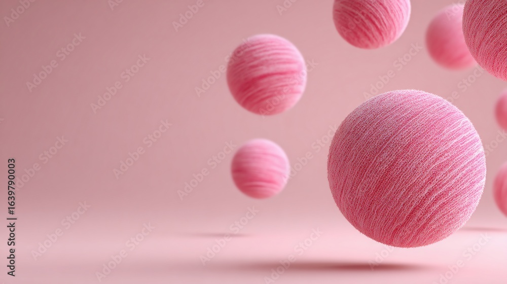 Fototapeta premium Floating, fluffy, pink spheres against a soft pink backdrop, creating a whimsical and abstract composition