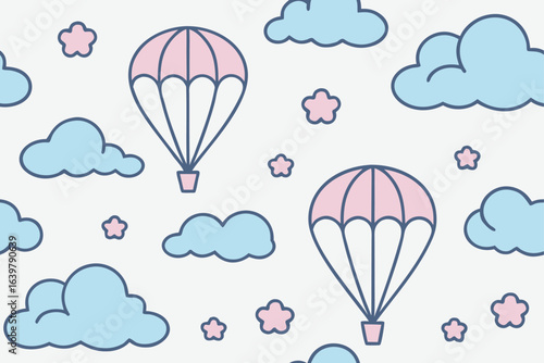 A seamless vector illustration with a cute baby sun and cartoon rain clouds is a great pattern design for a summer wallpaper