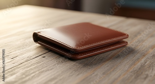 A brown leather wallet rests on a textured wooden surface, softly illuminated by natural light.