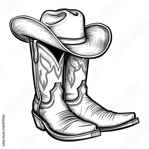 A pair of western cowboy boots with a cowboy hat