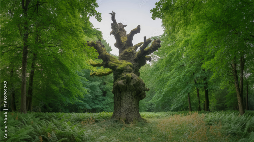 Fototapeta premium A majestic photograph of a solitary ancient oak tree standing in a lush green forest clearing surrounded by ferns and woodland.