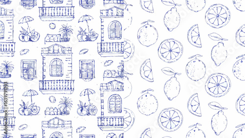 Aesthetic repeat pattern featuring buildings with balconies and citrus fruit sketches in blue and white silhouette