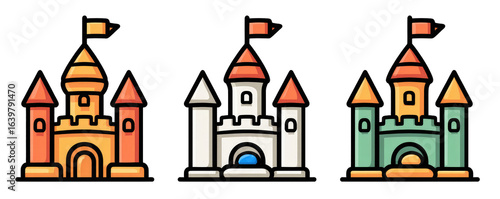 Three colorful cartoon castles