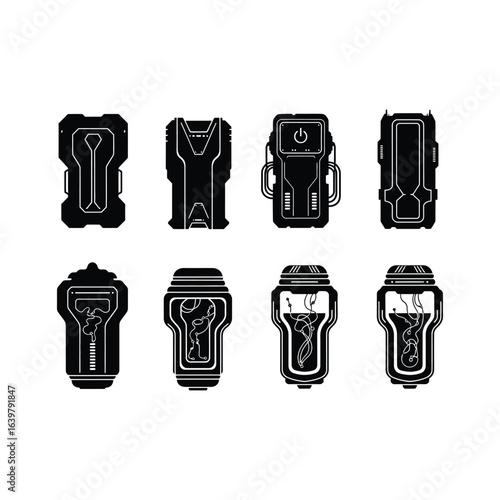 A set of monochrome futuristic containers and stasis pods. Vector icons showing sci-fi canisters, specimen preservation, and energy cells.