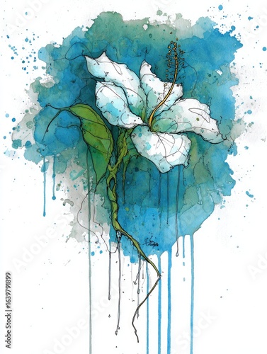White hibiscus on teal watercolor