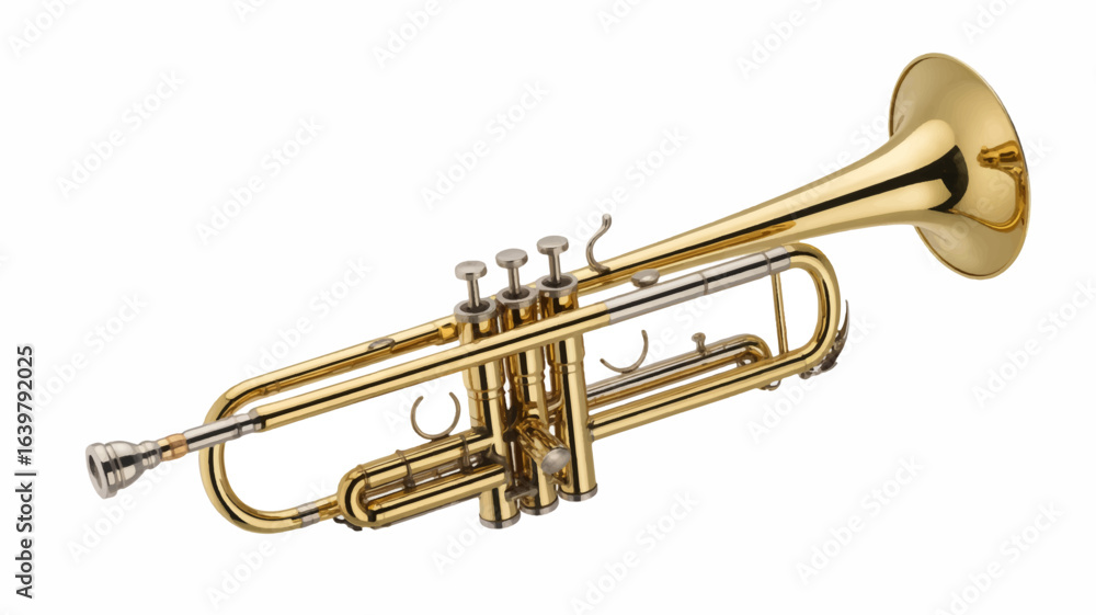 Obraz premium A beautiful golden brass trumpet, a classical orchestral wind instrument for jazz and symphony music, isolated on a clean white background.