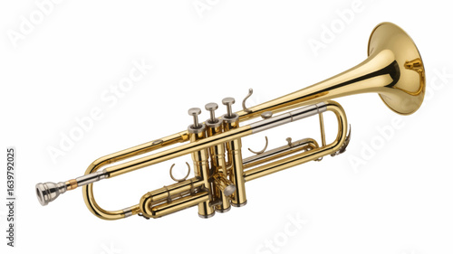 A beautiful golden brass trumpet, a classical orchestral wind instrument for jazz and symphony music, isolated on a clean white background.