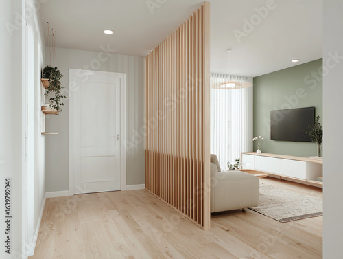 Diseño de interiores moderno con estructura divisoria de madera, sala de estar luminosa con televisor de pantalla plana, muebles minimalistas. Separador de ambiente recortable madera roble lámina
